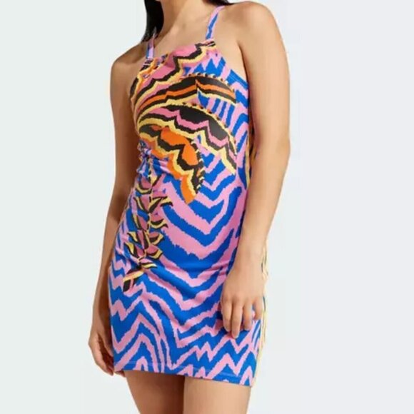 Adidas X FARM Rio 3-Stripes Mini Dress Women's Size XL Tropical Sporty NWT - Picture 1 of 16